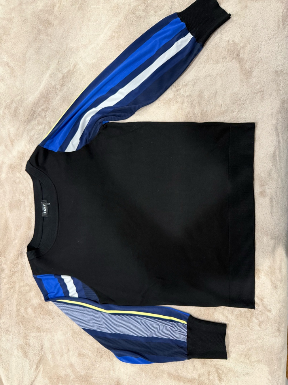 Dkny Black Crewneck Sweater with Blue, White and Yellow Stripe Sleeves